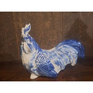 Vintage Oriental blue and white rooster statue